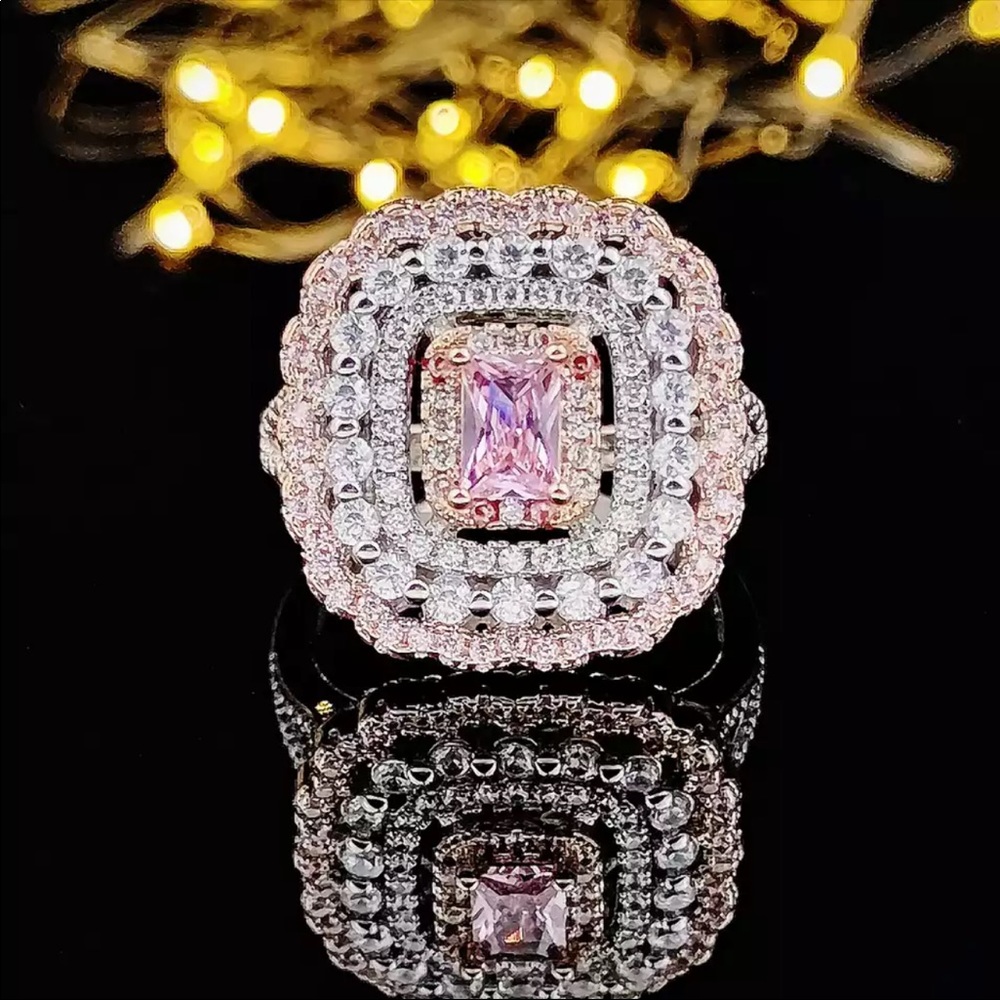 New 925 Silver pink multi color princess cut zircon engagement ring - Picture 2 of 5